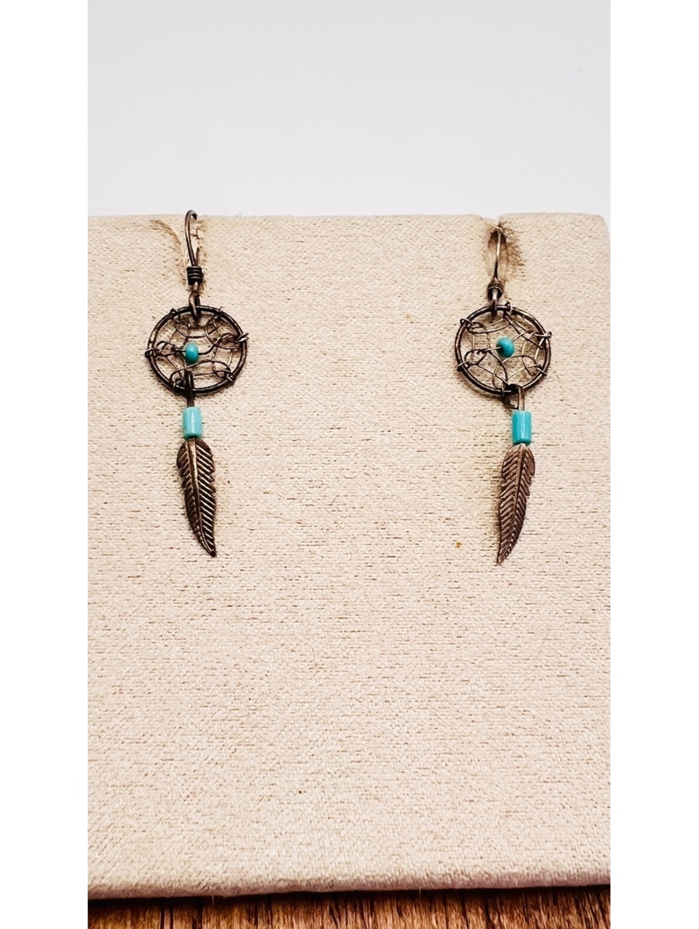 Sterling Silver Turquoise Dreamcatcher Feather Dangle Earrings Vintage